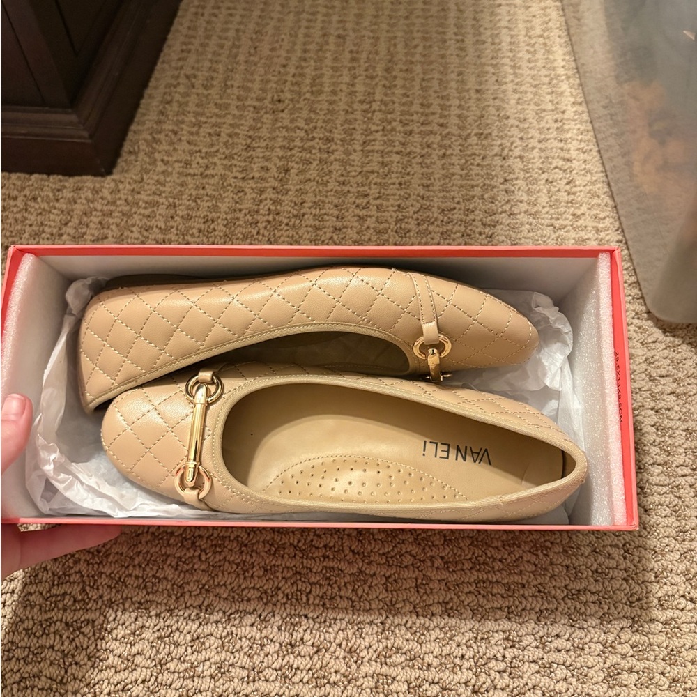 Vaneli Quilted Beige Loafers with Gold Accent